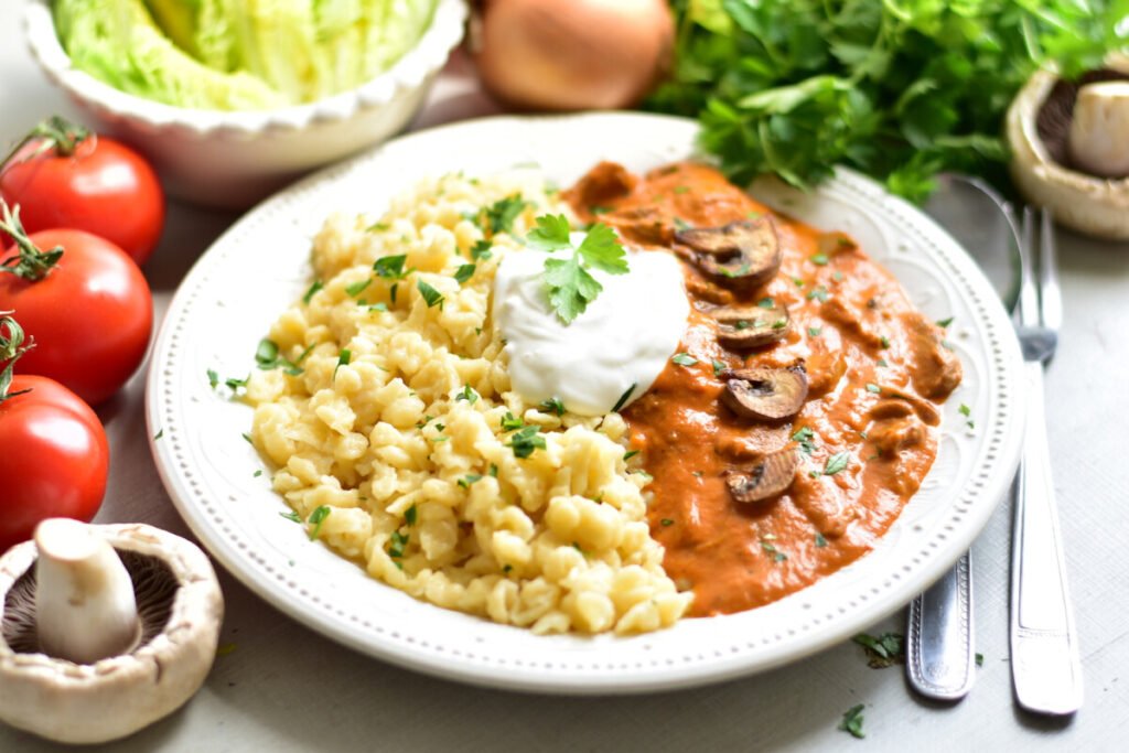 mushroom paprikash plated