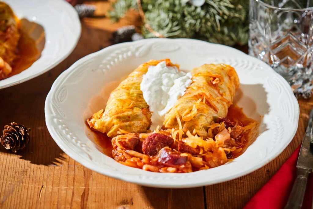 stuffed cabbage with sour cream on top